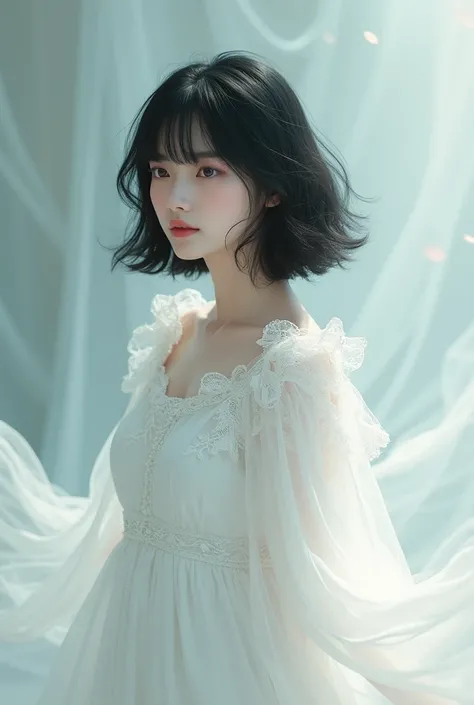 Sumrf with black hair with bangs with a white dress 