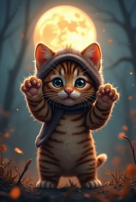  the cutest brown tiger pattern kitten in the world wearing a deformed werewolf costume、((Realistic:1.3))、Pose with raised hands 、Beautiful full moon night