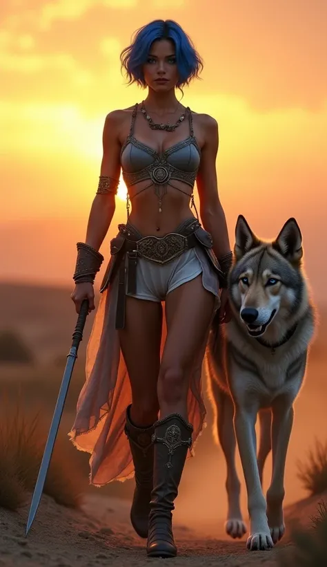 Create A Very Beautiful Italian Young Woman Warrior Walking With A Italian Wolfhound, Wearing Ultimate Warrior Outfit, Gorgeous Looking Woman, Short Hairs, Blue Eyes, A Very Eye Catching Sunset Background, Weapon, Walking Straight In Style, Unreal Beauty ,...