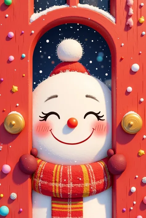 a realistic cute snowman peeking out from behind a red door, probes behind the pure red wall, rectangular or arch shape, close up, extreme clean picture, simple characters, visually playful , playful expression, 32k uhd , minimalist style, pixar style
