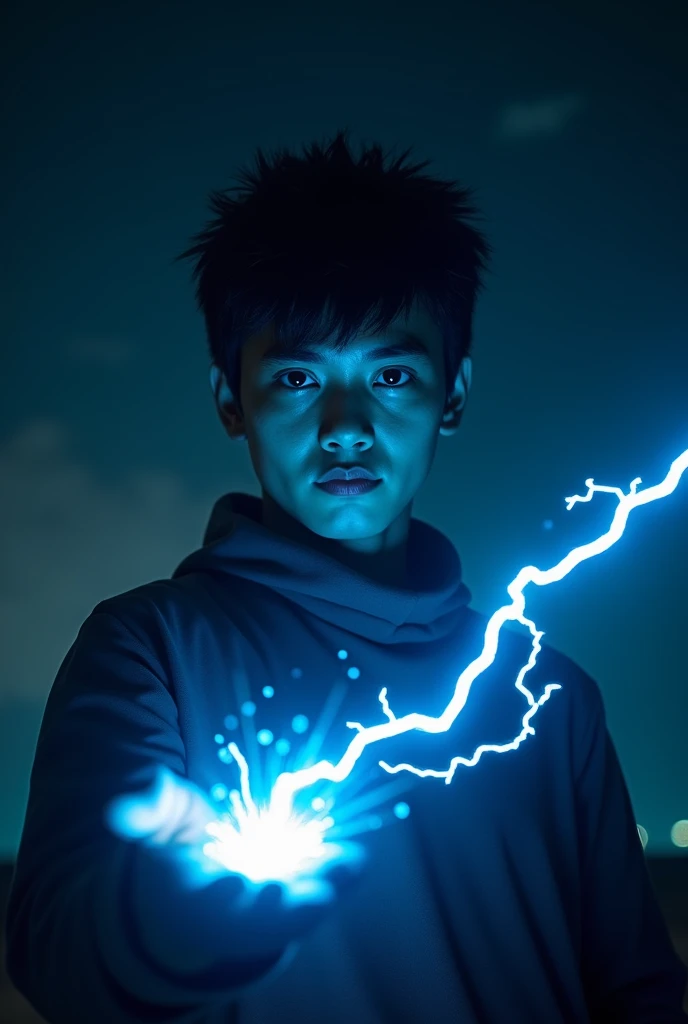 realistic image,Young Indonesian man holds blue lightning bolt in his hand,the night, cinematic , cosplay seperti Kakashi 