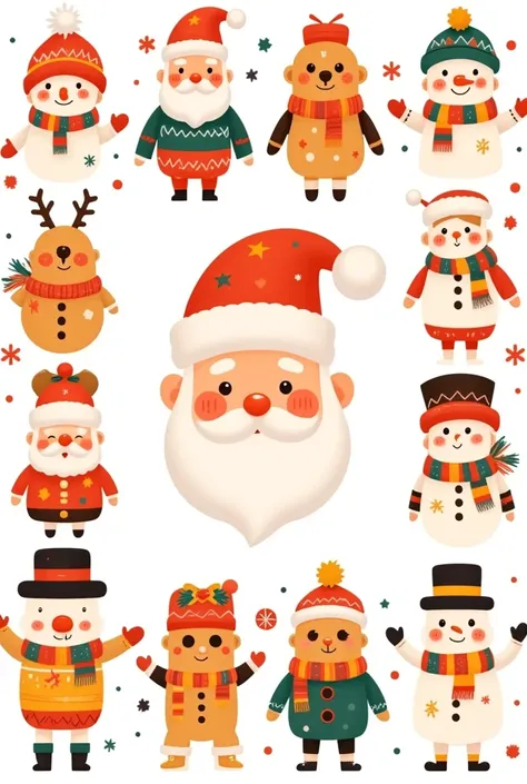 A grid of colorful illustrations featuring Christmas characters like Santa Claus, a gingerbread man, and a snowman, in bright primary colors with simple shapes and a flat design style. Each illustration is isolated on a white background for easy cutout, wi...