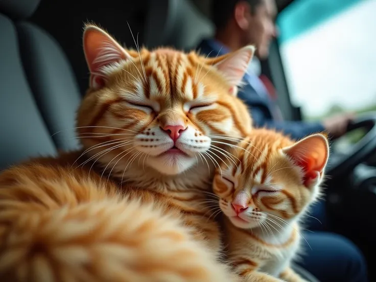 A close-up of the chubby orange cat, smiling contentedly, with its eyes half-closed in relaxation. The kitten is curled up asleep beside it, leaning against the cat’s side. The bus driver is visible in the background, humming a tune. This moment captures p...