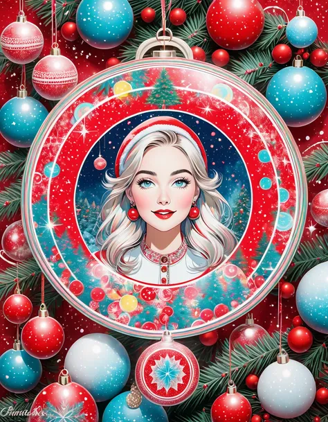 Mixing Pop Art and Feminine Art, Santa Claus. Fir tree decorations, serene Christmas, by Emma Andijewska, "Merry Christmas", hypnosis sensory, Between passion and libido. Christmas background image with lots of Christmas details, ral-czmcrnbw