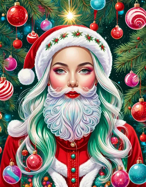 Mixing Pop Art and Feminine Art, Santa Claus. Fir tree decorations, serene Christmas, by Emma Andijewska, "Merry Christmas", hypnosis sensory, Between passion and libido. Christmas background image with lots of Christmas details, ral-czmcrnbw