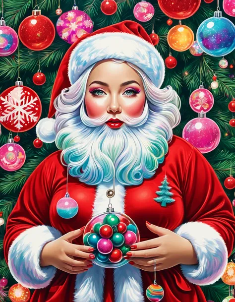 Mixing Pop Art and Feminine Art, Santa Claus. Fir tree decorations, serene Christmas, by Emma Andijewska, "Merry Christmas", hypnosis sensory, Between passion and libido. Christmas background image with lots of Christmas details, ral-czmcrnbw