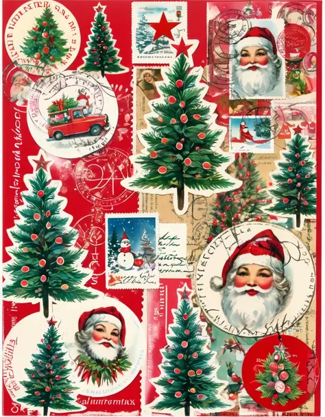 Mail Art, Postcards Art. "Merry Christmas", lipstick mark stamps. From Santa Claus. Fir tree decorations, serene Christmas, image and object collage