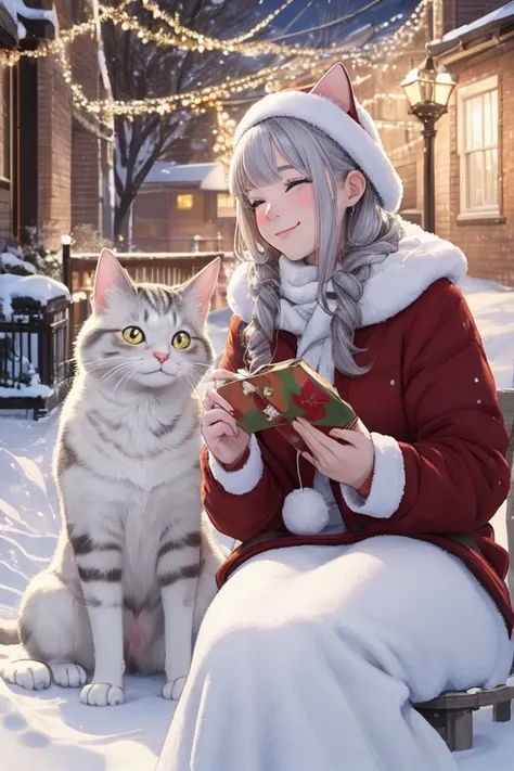 A beautiful painting style with a coarse realistic drawing of a cat and a dog with “Merry Christmas” written in large letters on a realistic snowy silver world, as an adult draws an art picture with only a pencil while holding a  on his lap. A city gently ...