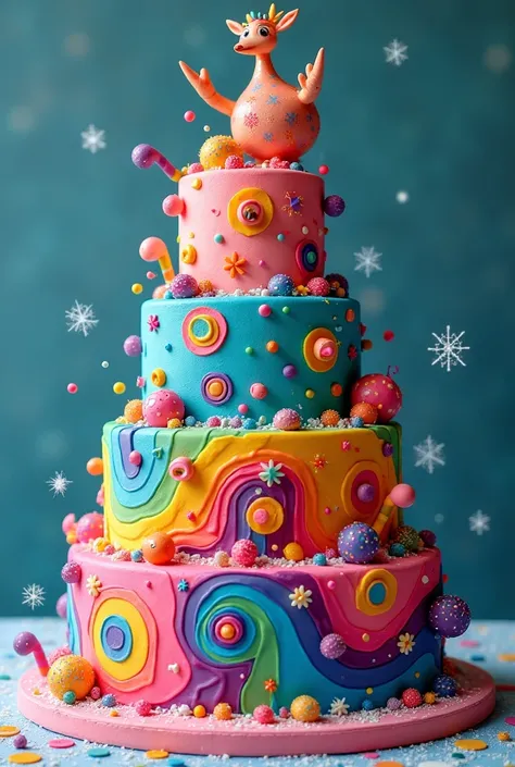 奇抜で colorful なケーキ,  colorful ,  psychedelic ,  Christmas Cake, Asymmetrical Design,  Snowflakes , Rainbow Kara