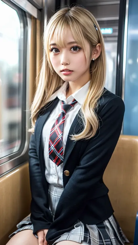 ((masterpiece,  top quality,  high definition ,  Ultra High Definition)),  Japanese High School Girls,( realistic :1.4)、 Amazing Face 、 sharp mouth、 close your mouth、Glossy Lips 、 twin tails,(Beautiful blonde:1.5)、 high school uniform ,(Black blazer, ties,...