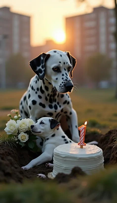 A Dalmatian mother, her gaze fixed and silent tears running down her spotted face, sits beside a grave dug in an urban park at the break of dawn. Her puppy lies peacefully inside, clutching a bouquet of white roses and a daisy. Next to the mother, a forgot...