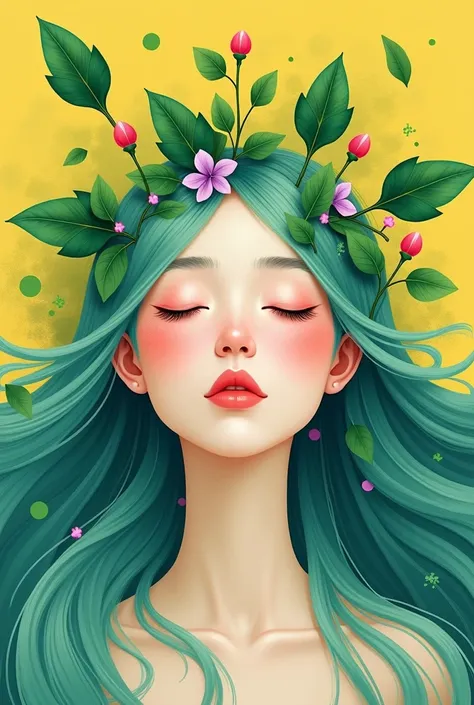 A digital illustration features a serene, ethereal female face with closed eyes at the center of the image. The face is pale peach-colored with soft pink lips slightly parted, subtle blush on cheeks, and thick red-brown eyebrows. Green foliage adorns the f...