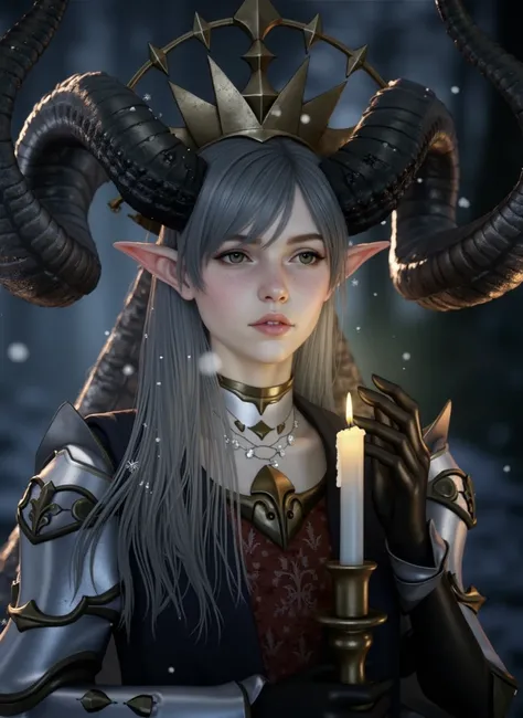 Character: A young woman with pale skin, light freckles, and a melancholic, wistful expression, styled as a dark fantasy demon queen. She has delicate, pointed elf ears with a subtle pinkish hue, and prominent, textured black horns that curve outwards and ...