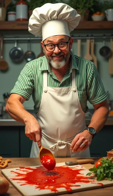 A bald man with a light beard and glasses wearing a white apron splattered with tomato sauce. Underneath, a green-and-white striped shirt. He wears a slightly crooked chef’s hat. His apron pockets hold oversized utensils, such as a giant wooden spoon and s...