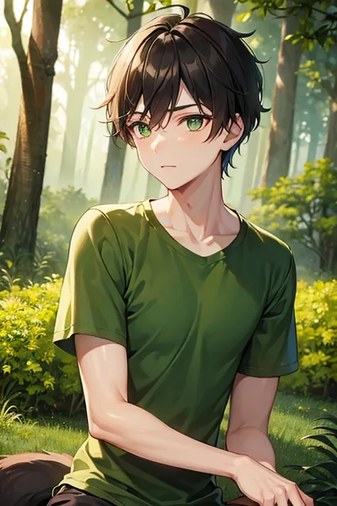 boy wearing khaki green t-shirt and tunic is taking a forest bath, Werewolf, ((beautiful detail eyes)), ((best quality))