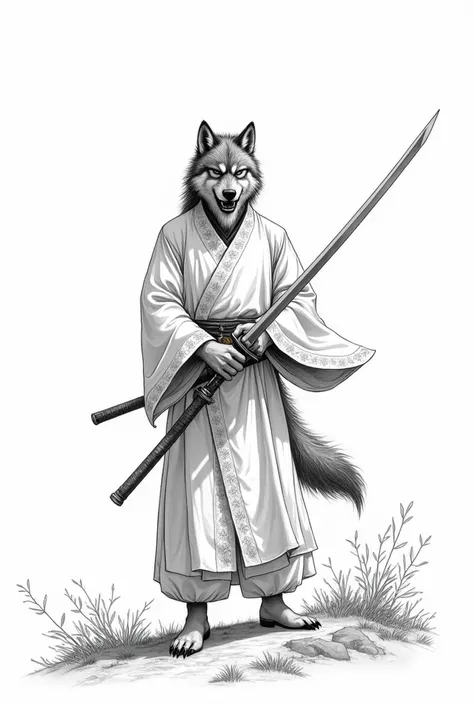 A realistic drawing outline ,  in black with thick lines and a white background without shading,  of an elegant and charming werewolf swordsman ,  wearing white embroidered Chinese swordsman clothing,  greeting the start of a fight with a swordsmans sword,...