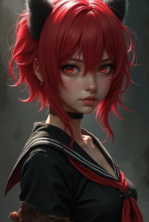 beautiful, masterpiece,  top quality, Very detailed face, Perfect lighting,1girl,  solo , Ryuko Maai, black sailor uniform,  black dress ,  red hair, Immortal Jue, rags, under boobs