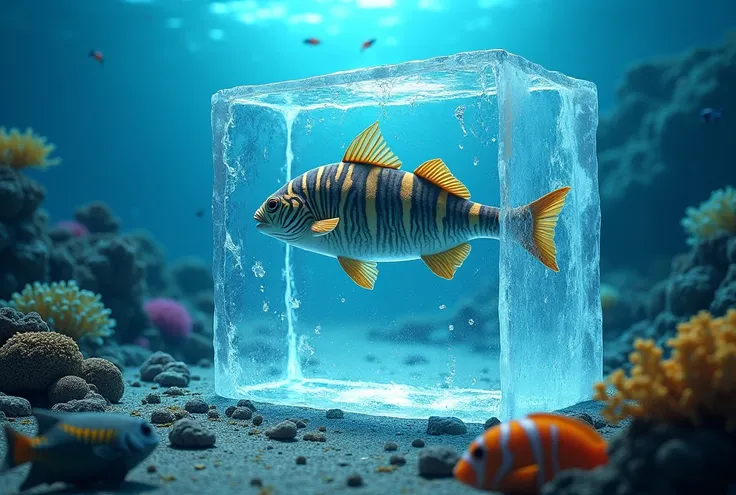 In the middle of the ocean floor, there is a transparent block of ice, inside the ice block you can see a tiger fish that was frozen inside the ice. All around are other fish and other sea creatures looking at the block of ice with surprise. 