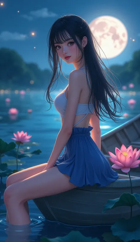 ( High Quality , 8k,  original character ), (fact: 1.5), (masterpiece, 最 High Quality ,  high definition : 1.2),  girl, Summer Night, (Stocking smooth texture : 1.5),  sexy skirt,  delicate eyes, A delicate image, boat, river,  towards the camera ,  A big ...