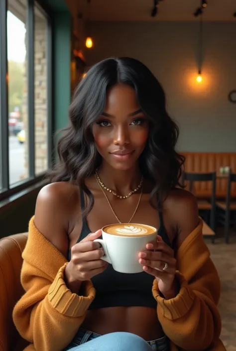 Confident gorgeous black woman sitting drinking a cup of coffee in a cafe