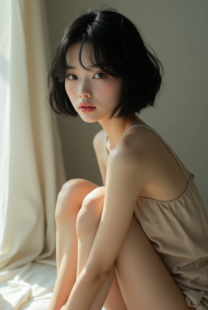 The most beautiful Japanese Actress, Black hair, Bob cut, Beautiful long legs, bare feet,ptofile