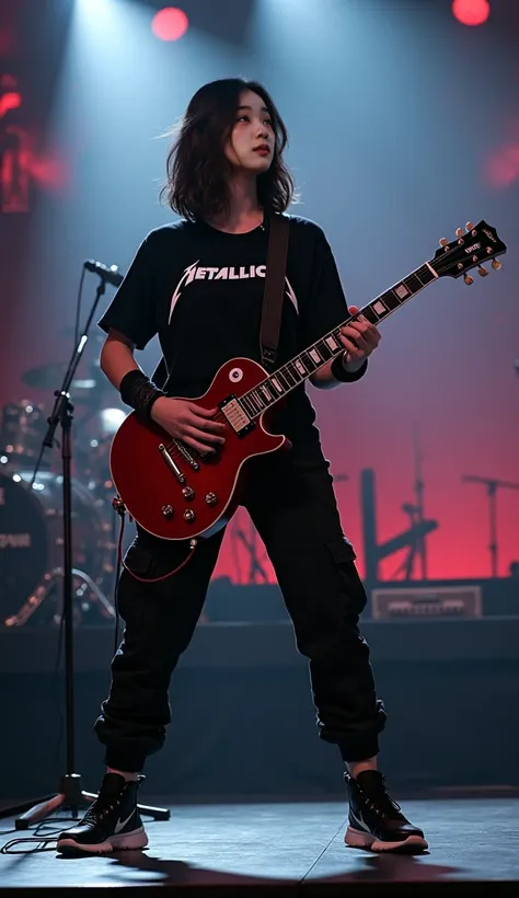  Thai Women,Age 22 years,Good figure,Thick shape,Shoulder length hair, guitar, wearing a black long-sleeved T-shirt with the Metallica logo., black military trousers.,Nike ,She plays Gibsonlespaul ,On stage