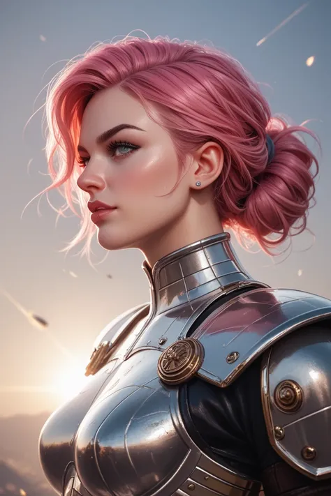 Medium-profile half-body view of Vi from Arcane, in oil style with fine brush strokes. Her short, choppy pink hair is vividly detailed, capturing its unique texture and rebellious flair. She wears her signature heavy gauntlets, intricately designed with me...