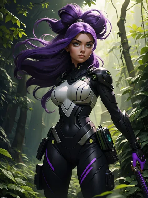  A futuristic warrior standing confidently in a green and lush forest .  It wears a black combat suit of hi-tech with bright purple accents, designed for agility and power .  Her long silver hair flows elegantly backwards ,  and her penetrating violet eyes...