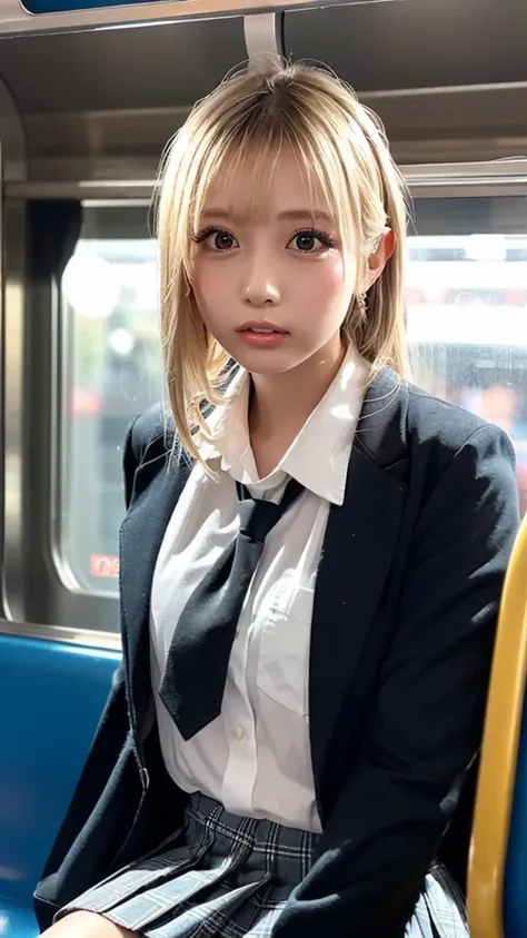 ((masterpiece,  top quality,  high definition ,  Ultra High Definition)),  Japanese High School Girls,( realistic :1.4)、 Amazing Face 、 sharp mouth、 close your mouth、Glossy Lips 、 ponytail,(Beautiful blonde:1.5)、 high school uniform ,(Black blazer, ties, w...