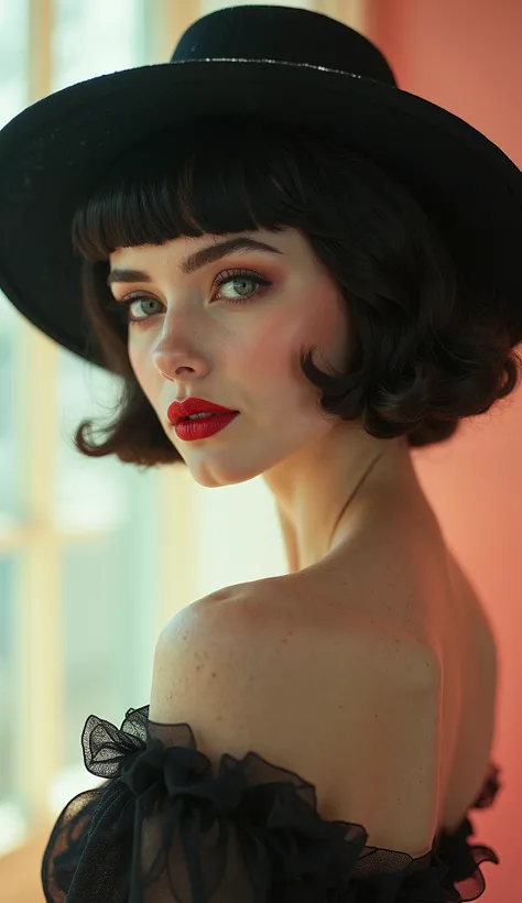 Create a sexy hot breathtaking sensual stunning masterpiece depicting a woman in 1950s style, wearing a flowing, very long dress that exudes a dreamy and magical aura. She should have glamorous makeup, including striking red lipstick, and wear a wide-brimm...