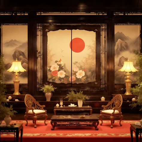 A beautifully designed traditional Chinese interior with intricate wooden furniture and rich decorative details. The centerpiece features a large folding screen adorned with elegant floral patterns, including peonies and a bright red sun, accompanied by bi...