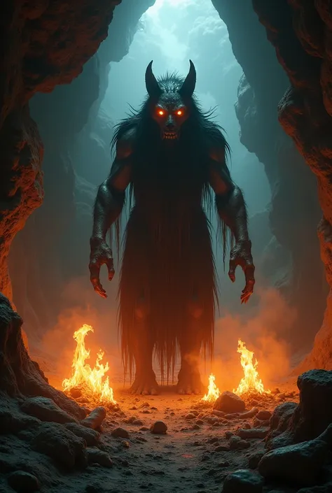 a dark scene, With a fire all around in a cave surrounded by bones a skinwalker half animal and half man is at the center of the ritual he is looking directly at the camera