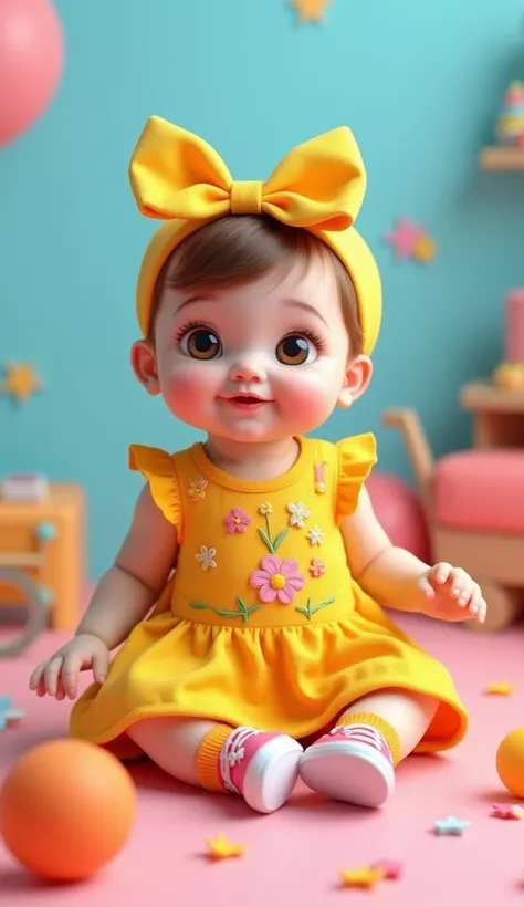 "An adorable baby in a colorful and vibrant setting, wearing a yellow dress with embroidered flowers, a yellow headband with a large bow, orange socks, and pink sneakers. The background should be lit with soft shades of blue and pink, conveying a cheerful ...