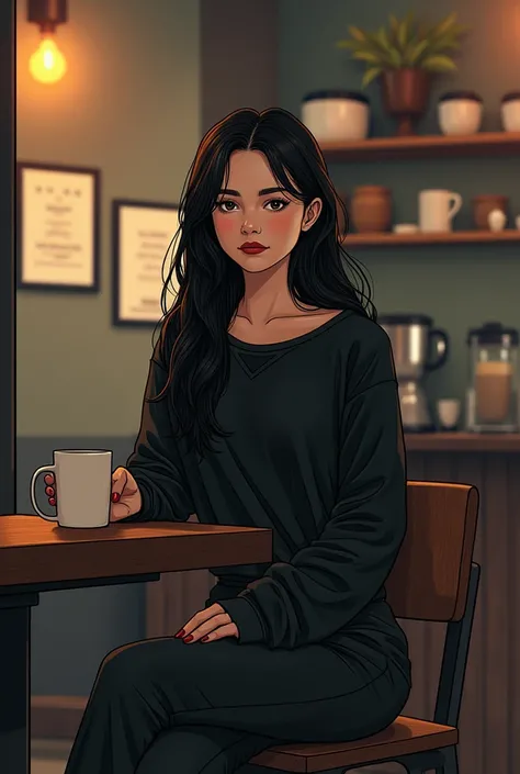 1girl, Long Hair, no smile , Long black sleeve shirt, long pant , no smile , simple drawing, in coffee shop,the Cigarettes lady , 20 to 22year old 