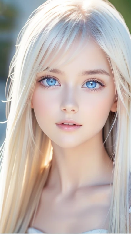 Beautiful, white and radiant skin、 platinum blonde hair color that changes color depending on the amount of light 、 bangs between eyes obstruct visibility 、Shiny highlights on the cheeks、 sexy and very beautiful nice innocent cute first 々 gorgeous young fa...