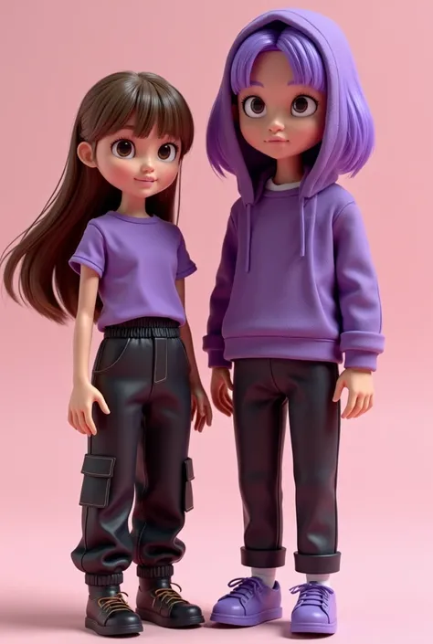 Light brown doll ,  with brown hair around the neck ,  purple male on the right side ,  half violet fringe .  Black cargo pants and purple top t-shirt. style 3d