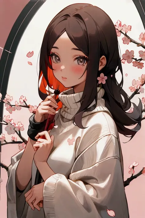  girl holding a cherry blossom with her hand, Polar neck gray knit , reply