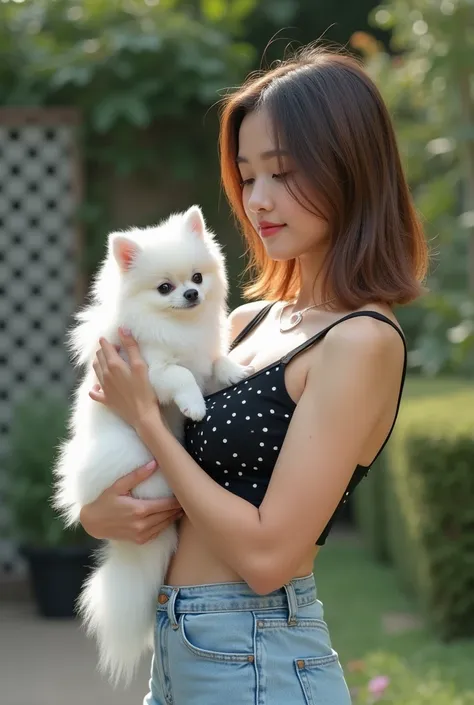 ่Professional 4K photos are beautifully smooth, with smooth colors that are pleasing to the eye A woman of Cute Thai 20 years old She has very large breasts positioned slightly off-center to the left side of the image, is holding a small white dog. She is ...