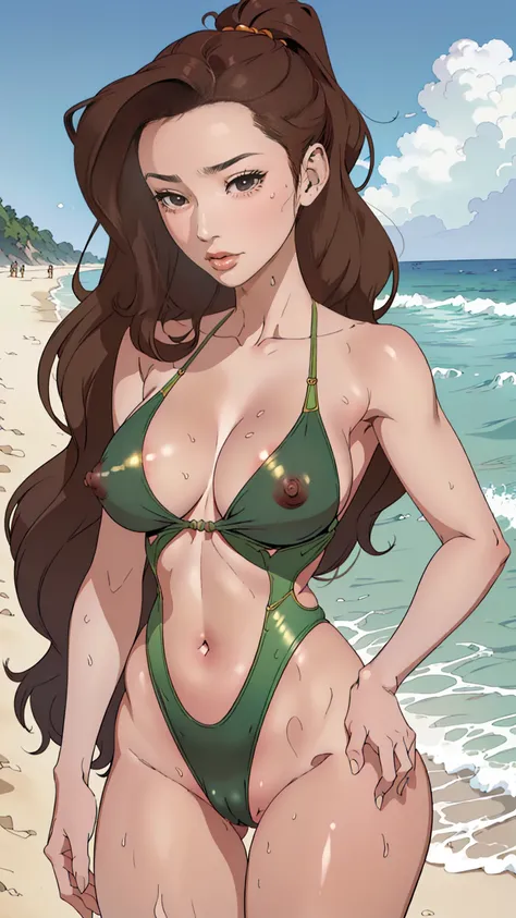 HighesT qualiTy, Official ArT, masTerpiece, Fabric Shading, High resoluTion, Very deTailed, colorful, BesT deTails, (AdulT,30 years old, MaTure Woman, conversion:1.5, Female dog, Long Hair, Brown Hair, Tired Hair, Green swimsuiT:1.5, CenTer of chesT, Puffy...