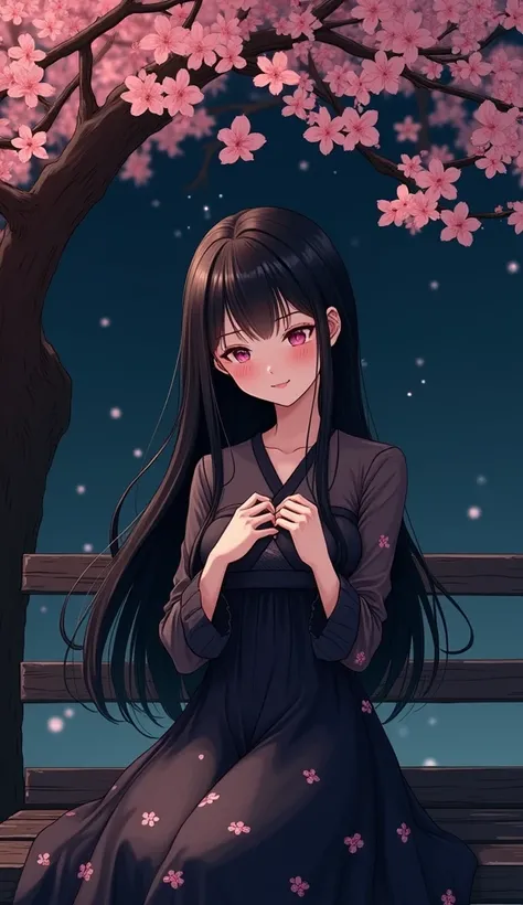 A beautiful korean realistic girl in with long shiny black hair and front curtain bangs and black long flowery dress blushing and making heart with hands sitting on a bench under black flower tree  in dark night