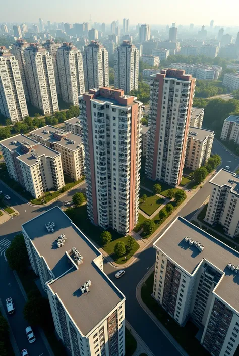 multi-family housing developments, various apartment blocks in Polish cities from a birds eye view during the day