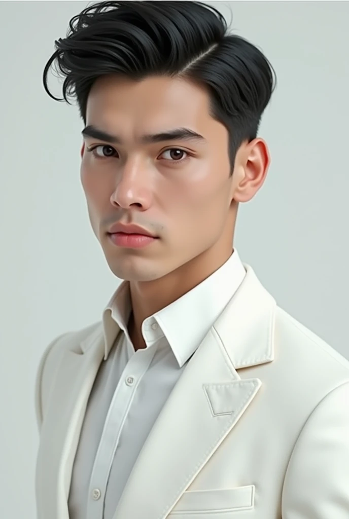 Handsome boy with black hair and brown eyes wearing white suit with serious face 