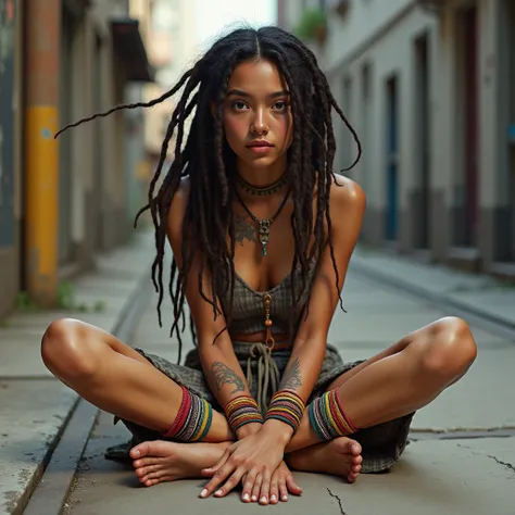 20 yo nude barefoot girl sitting on the sidewalk, dreadlocks, dirty, a few colorful armbands around her wrists and ankles, hippie, nose piercing, tattoos 