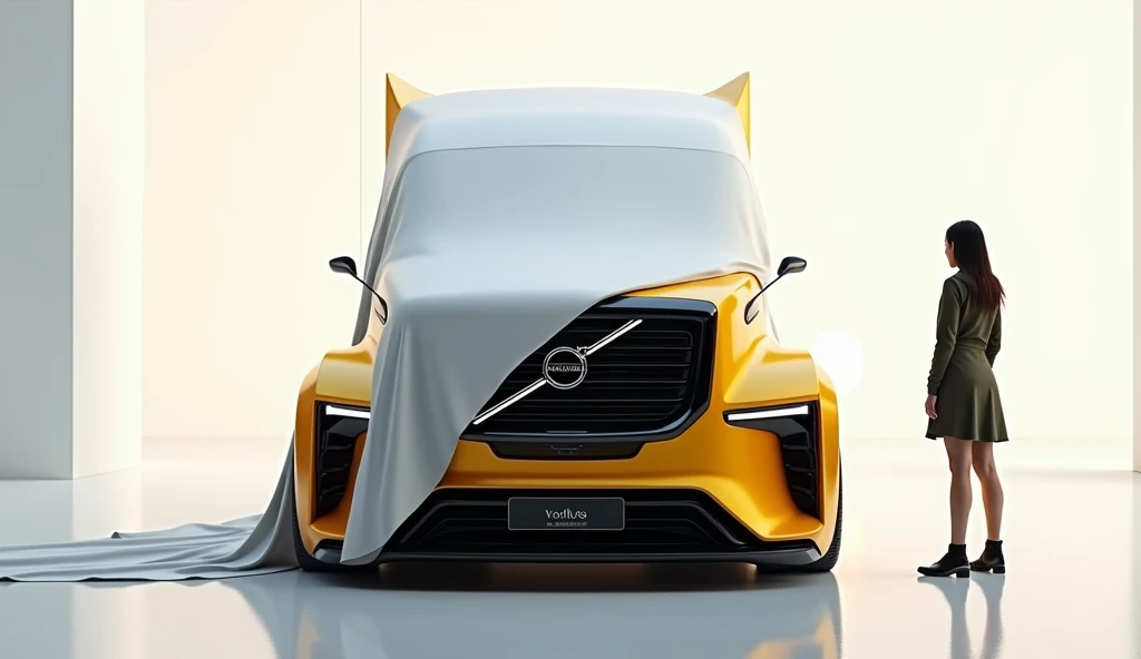 A captivating and futuristic 3D render of a 2025 Volvo vnl 840 , showcasing its sleek yellow finish and innovative design. The stunning exterior features a large, aerodynamic design at the rear with a glossy, red finish. The imposing grille is adorned with...