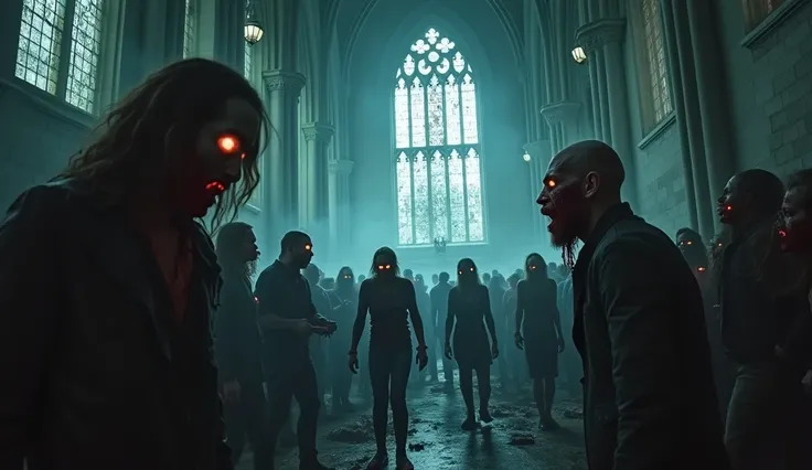 inside of gothic church, Zombies faces with rotting flesh and glowing eyes in the crowd go wild female and male—some headbanging, others moshing in violent chaos, rotting flesh and glowing eyes,   towering spires cracked and partially collapsed. The broken...