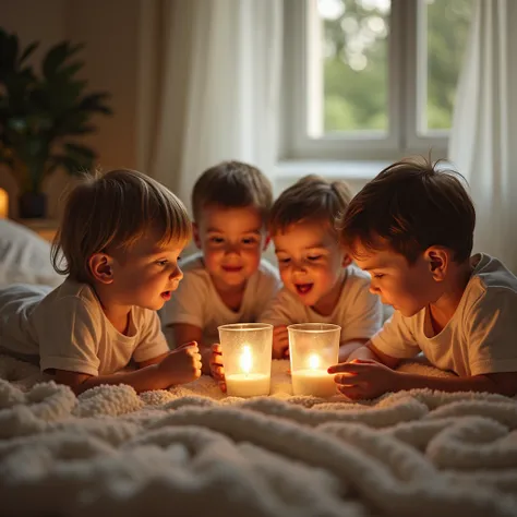 Very sharp high definition photo of ren, cute twin boys and girl, , celebrating milk before bed, having a glass with 4 friends. Lovely atmosphere very fun inside the master bedroom. High resolution realistic portrait,  Masterpiece, precise,  Wild  Flooring...