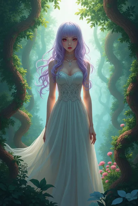  plants in the background have light purple hair and red eyes,  she looks at the camera and she is wearing an average expensive dress, plants and estate in the background 
