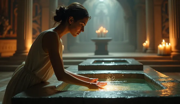 Framing:
The woman is standing before a large stone basin filled with holy water. She leans forward slightly, her hand dipping into the water. Her face, in profile, conveys a sense of purification, renewal, and reverence.

Lighting:
Candlelight reflects of...