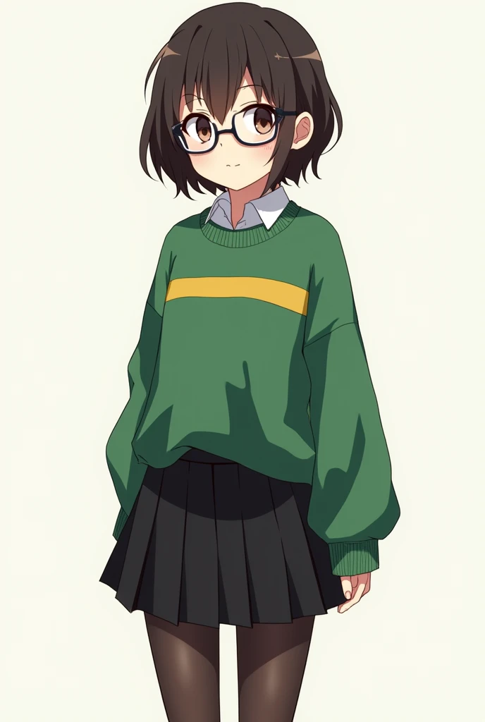 an anime girl with dark brown, slightly wavy and slightly messy hair that frames her face and falls just above her shoulder, rectangle glasses, a black high-waisted pleated mini skirt that only reaches half of her thighs, an oversized untucked green sweate...