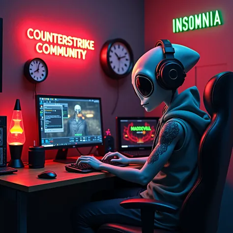 a humanoid allien with large headphones  ,  addicted to computer games full of sleep with giant, striped eyes .  On one wall a neon sign saying COUNTERSTRIKE COMMUNITY in red and another on another wall saying INSOMNIA in green  .  on the computer saying M...